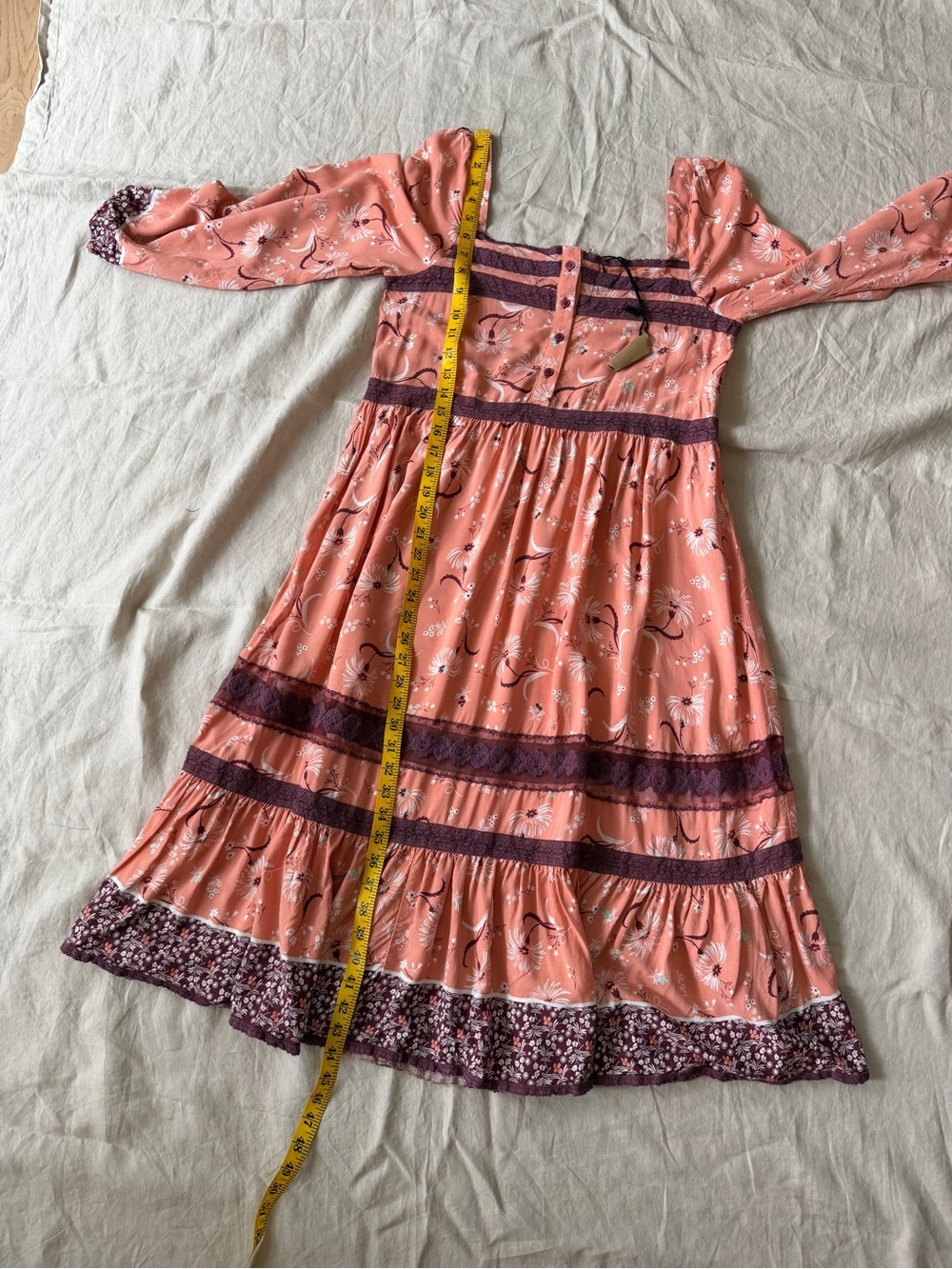 Jaase NWT boho pink Peach Midi Dress with Long Sleeves tiered skirt medium - Picture 11 of 14